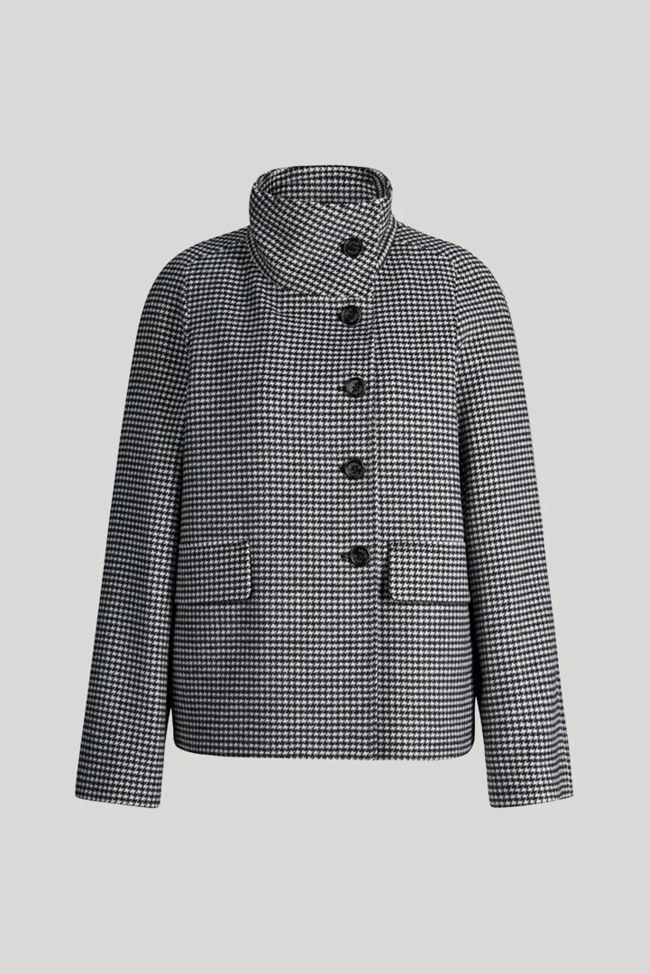 Führt zu Produktdetailseite „Wollmix-Jacke mit Stehkragen in Schwarz-Ecru gemustert"