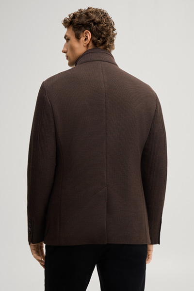 Leads to product detail page "Dark brown suit jacket with a stand-up collar"