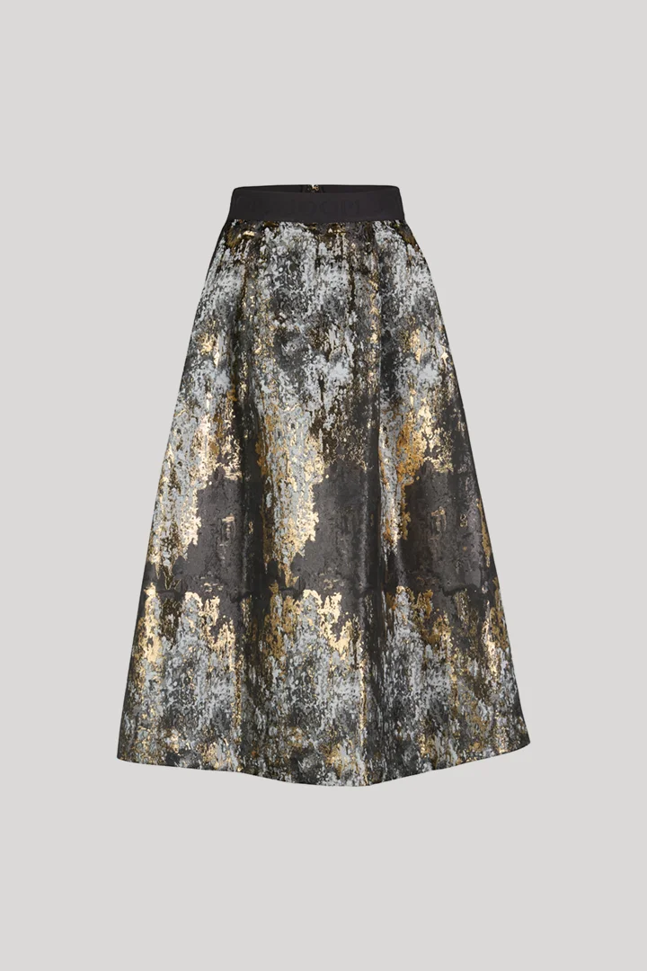 Leads to product detail page "Midi skirt in black, gold and silver pattern"