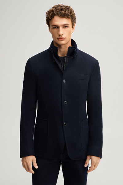 Leads to product detail page "Navy structured suit jacket with a stand-up collar"