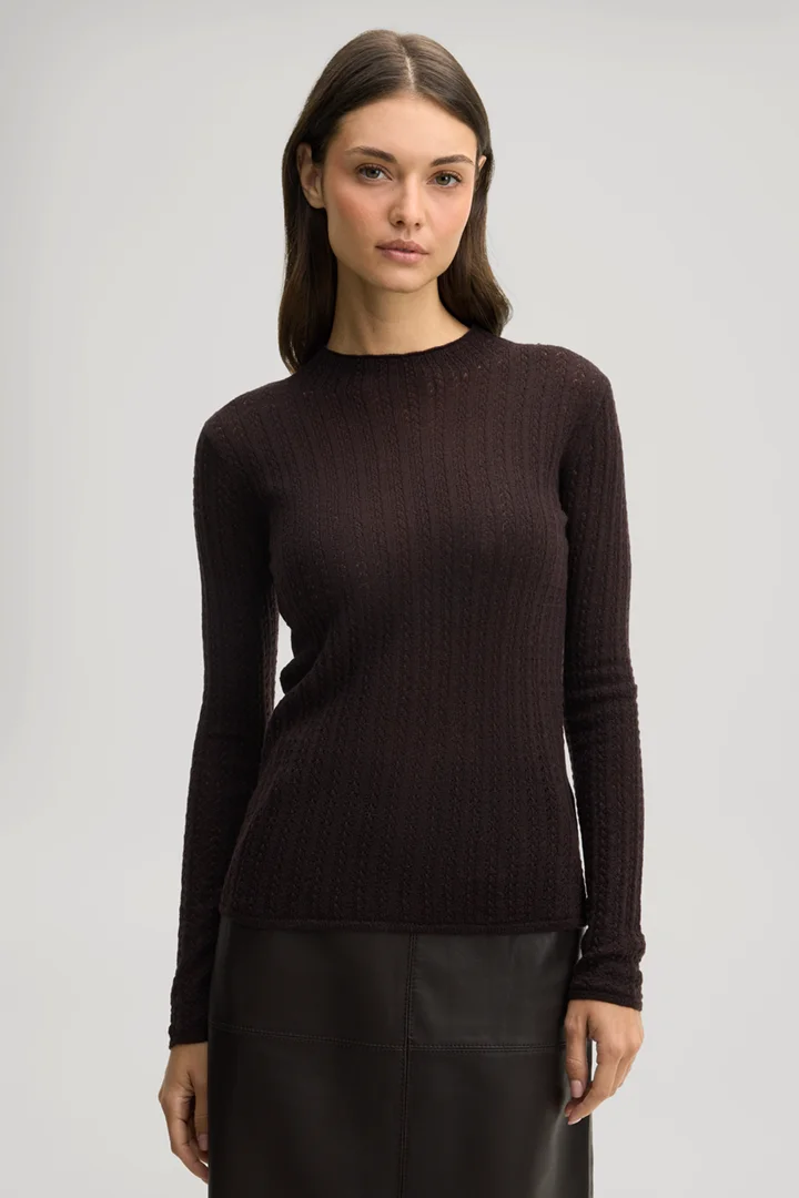 Leads to product detail page "Dark brown woollen jumper with a stand-up collar"