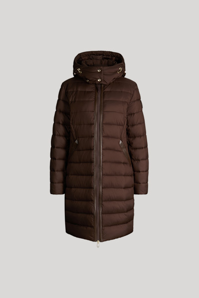 Leads to product detail page "Quilted coat with hood in dark brown"