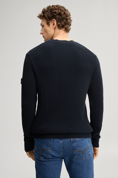 Leads to product detail page "Dark blue structured cotton crew-neck jumper"
