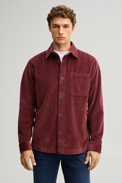 Leads to product detail page "Red Corduroy Overshirt"