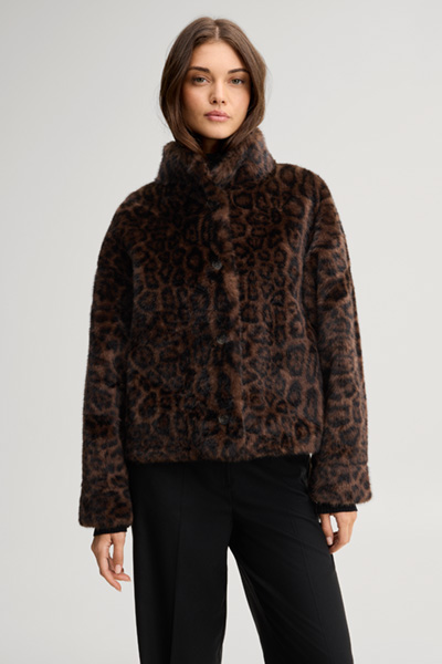 Leads to product detail page "Faux fur leopard-print jacket in dark brown and black pattern"