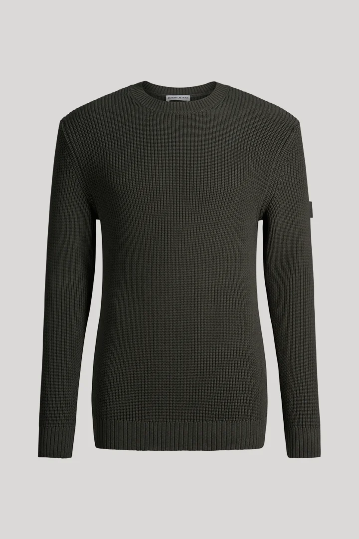 Leads to product detail page "Dark green cotton crew-neck jumper"