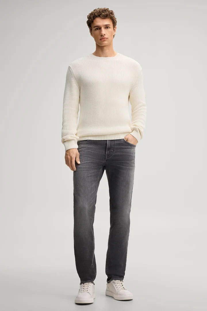 Leads to product detail page "Beige structured cotton crew-neck jumper"