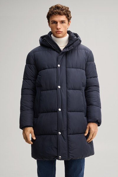 Leads to product detail page "Navy hooded parka"