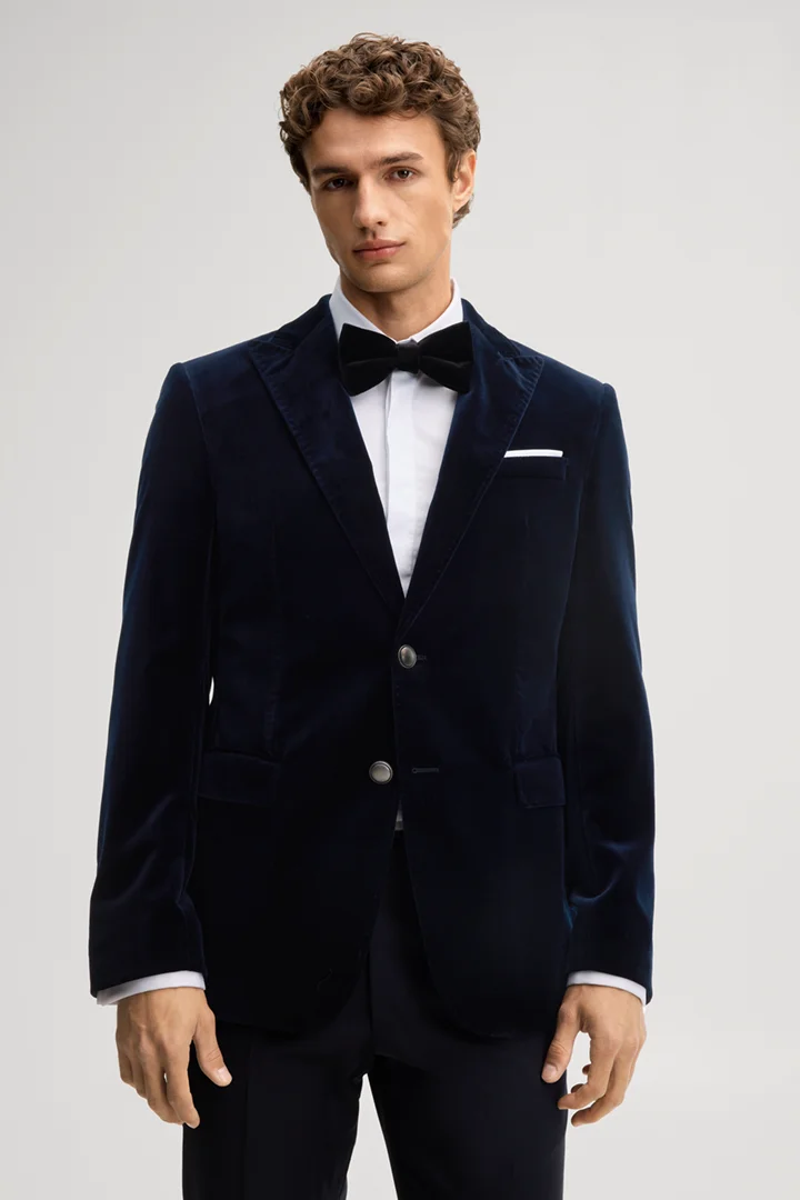 Leads to product detail page "Navy velvet suit jacket"