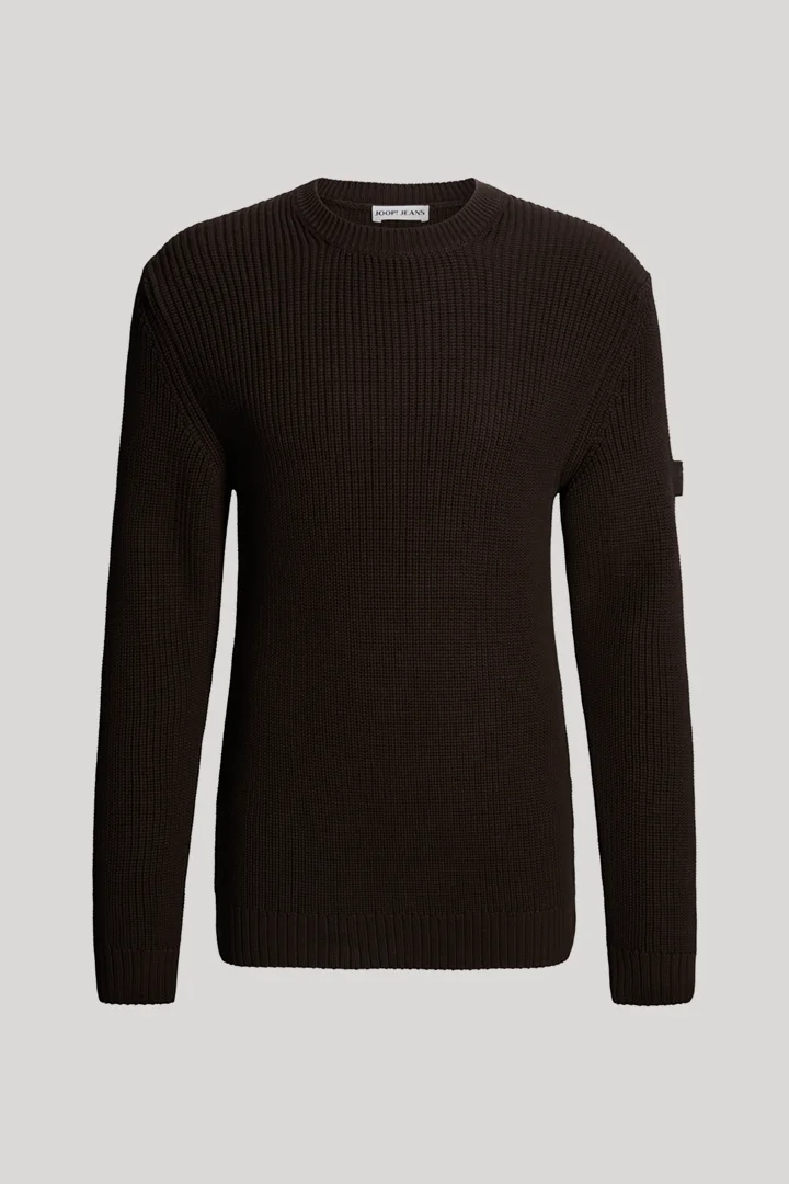 Leads to product detail page "Dark brown cotton crew-neck jumper"