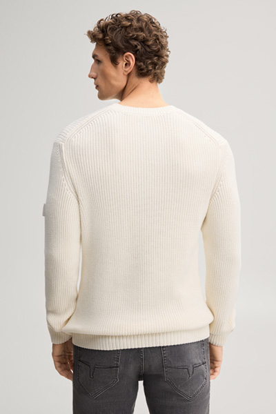 Leads to product detail page "Beige structured cotton crew-neck jumper"