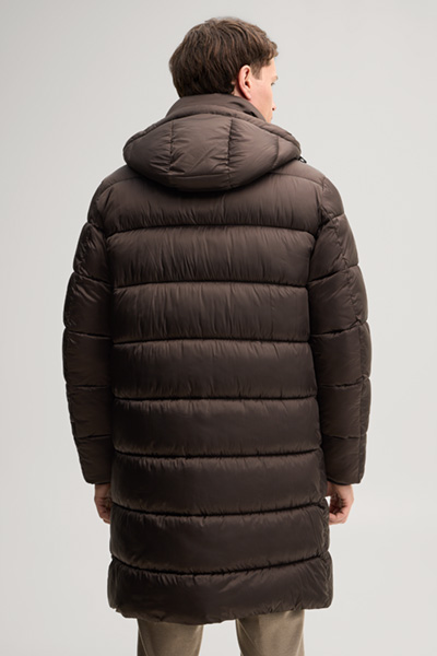 Leads to product detail page "Quilted coat with hood in dark brown"