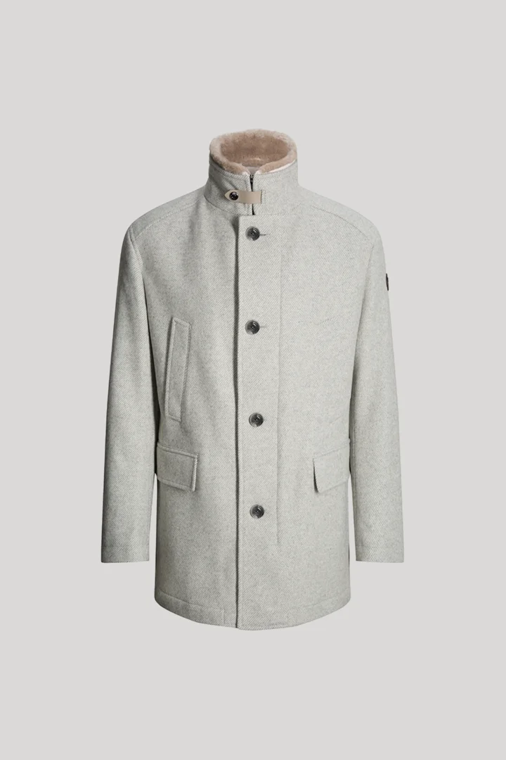 Leads to product detail page "Light grey wool-blend jacket with a stand-up collar"
