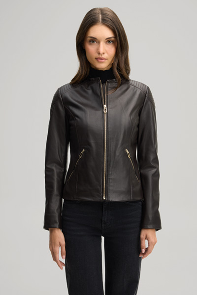 Leads to product detail page "Dark brown leather jacket"