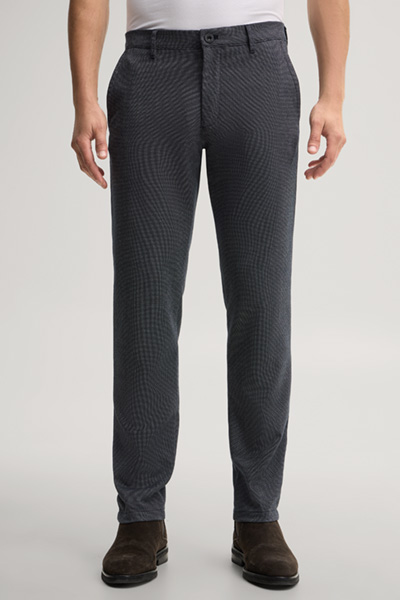 Leads to product detail page "Patterned navy chinos"