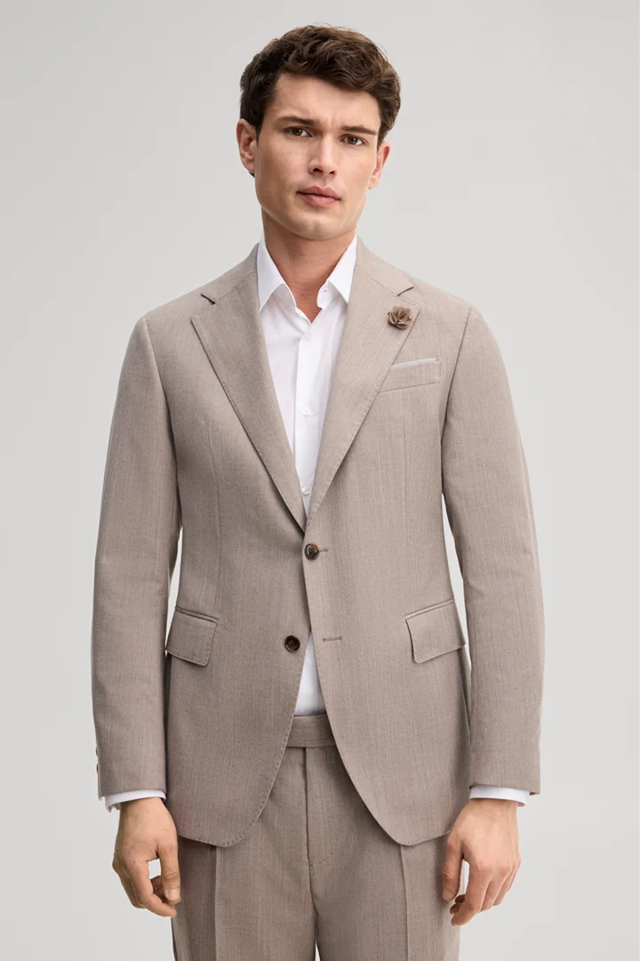 Leads to product detail page "Modular suit jacket in virgin wool, in light beige"