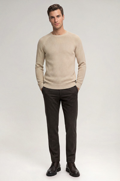 Leads to product detail page "Beige cotton crew-neck jumper"
