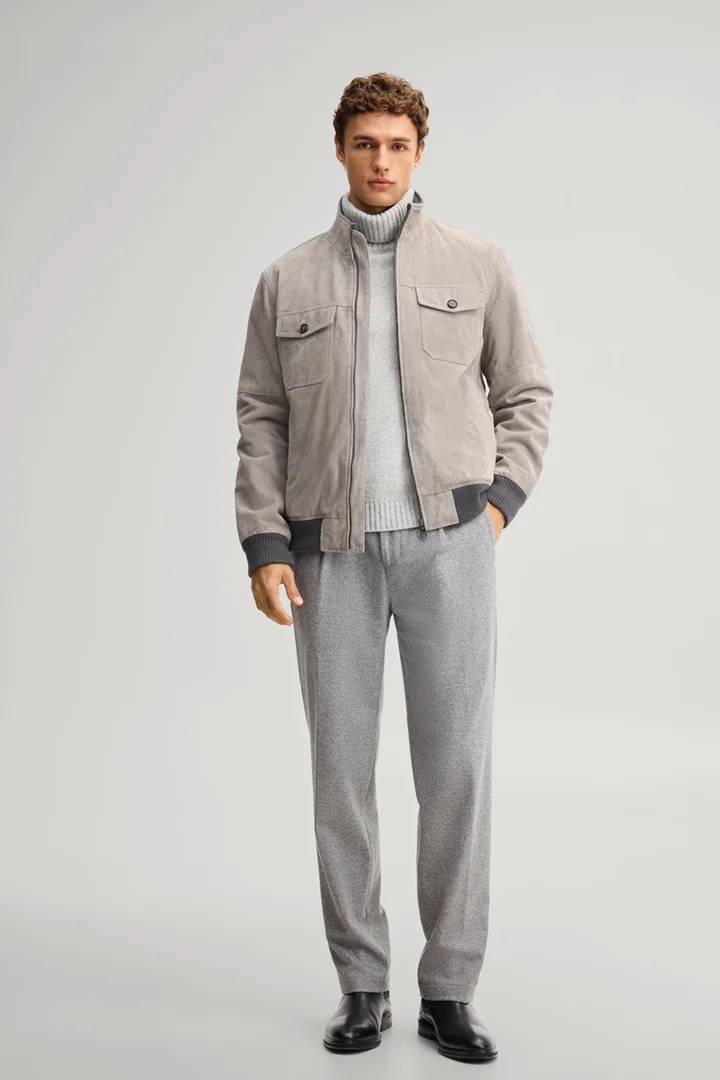 Leads to product detail page "Light grey silk-blend pleated trousers"