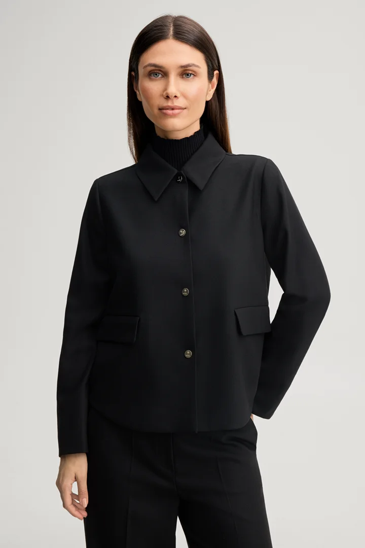 Leads to product detail page "Black wool-blend cropped blazer jacket"