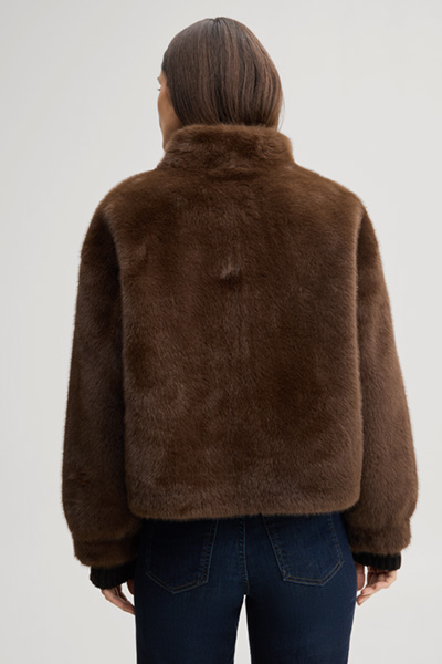 Leads to product detail page "Faux fur jacket with a stand-up collar in dark brown"
