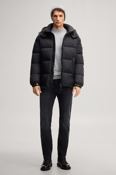 Leads to product detail page "Black hooded quilted jacket"