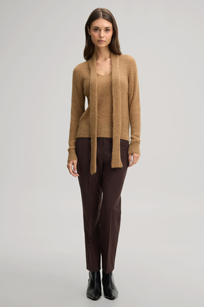 Leads to product detail page "Camel-coloured alpaca-wool blend jumper with a bow"