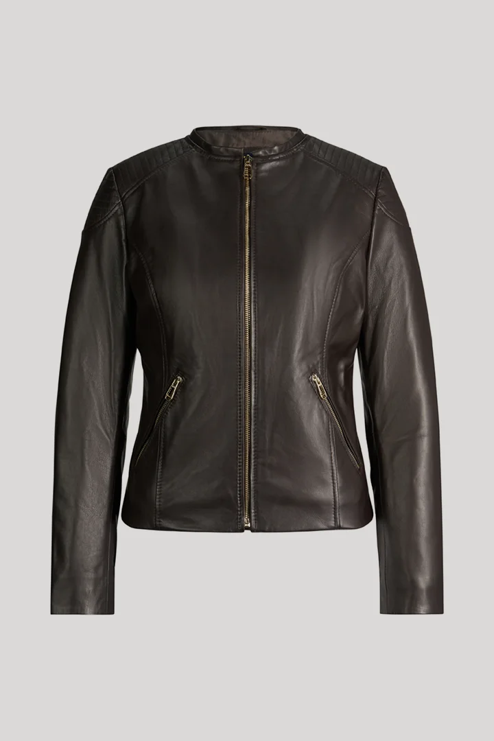 Leads to product detail page "Dark brown leather jacket"