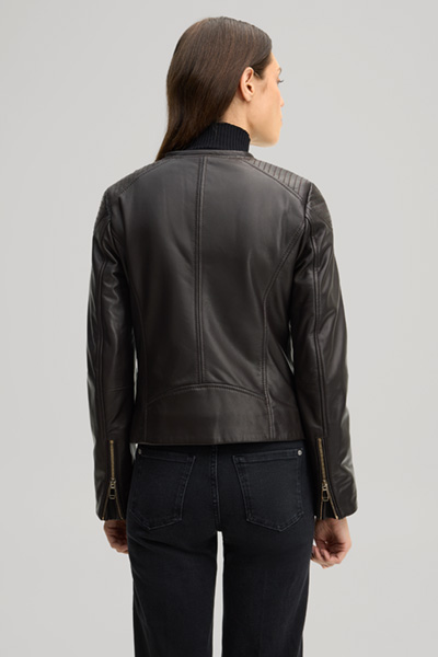 Leads to product detail page "Dark brown leather jacket"