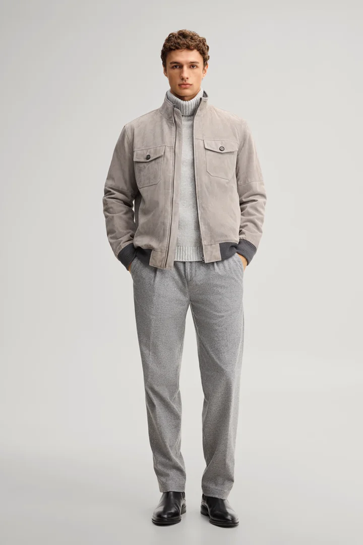Leads to product detail page "Light grey suede jacket"