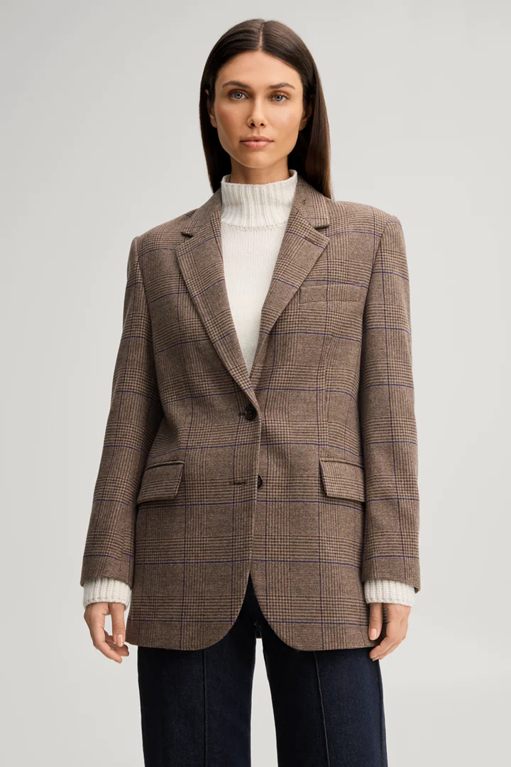 Leads to product detail page "Wool-blend boyfriend blazer in brown and purple checked pattern"
