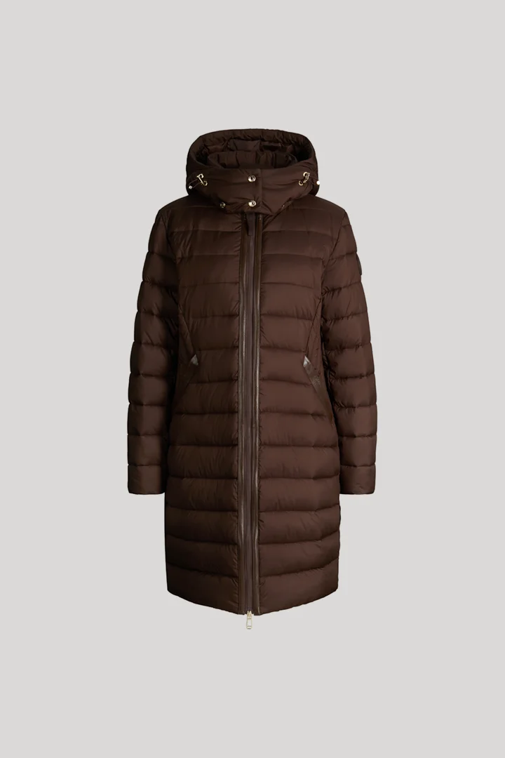 Leads to product detail page "Quilted coat with hood in dark brown"