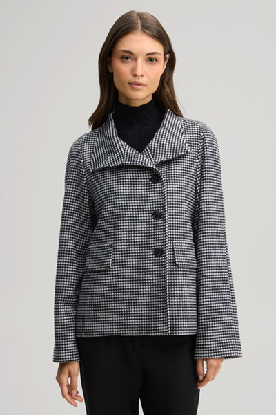 Führt zu Produktdetailseite „Wollmix-Jacke mit Stehkragen in Schwarz-Ecru gemustert"