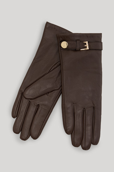 Leads to product detail page "Lined gloves made from dark brown lamb nappa leather"