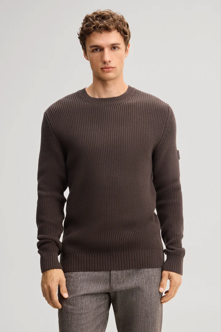 Leads to product detail page "Structured dark brown cotton crew-neck jumper"