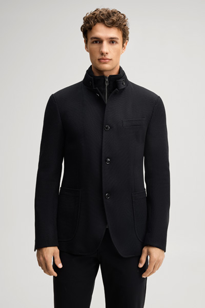 Leads to product detail page "Black suit jacket with a stand-up collar"