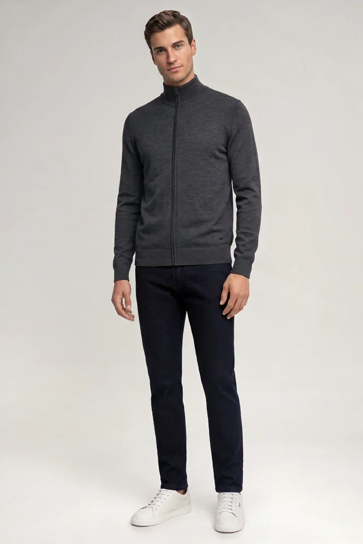Leads to product detail page "Davis Merino Wool Knitted Jacket in Charcoal"