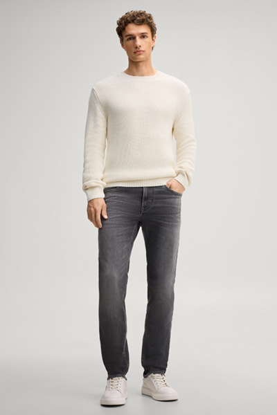 Leads to product detail page "Beige structured cotton crew-neck jumper"