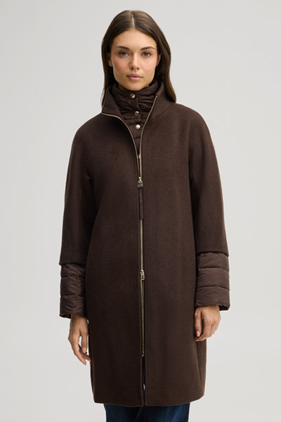 Leads to product detail page "Wool-blend coat with inlay in dark brown"