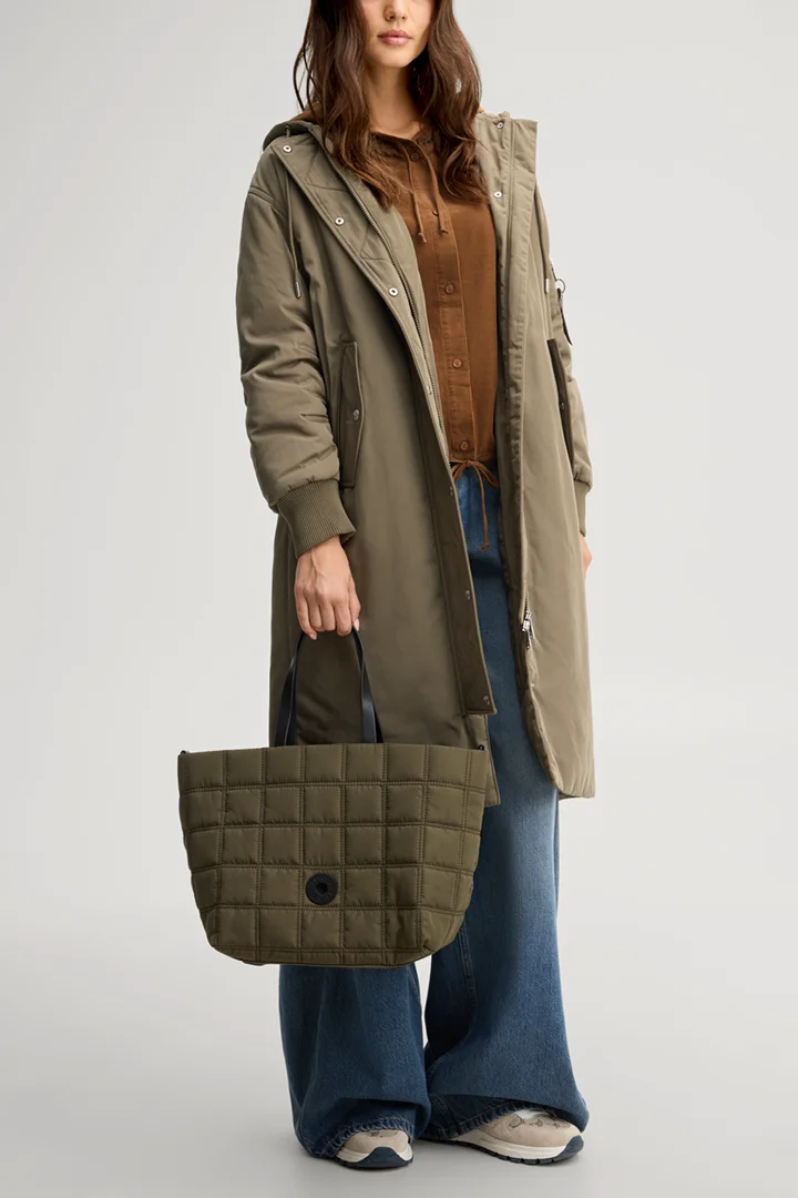 Leads to product detail page "Facilita Pam handbag in olive green, quilted"