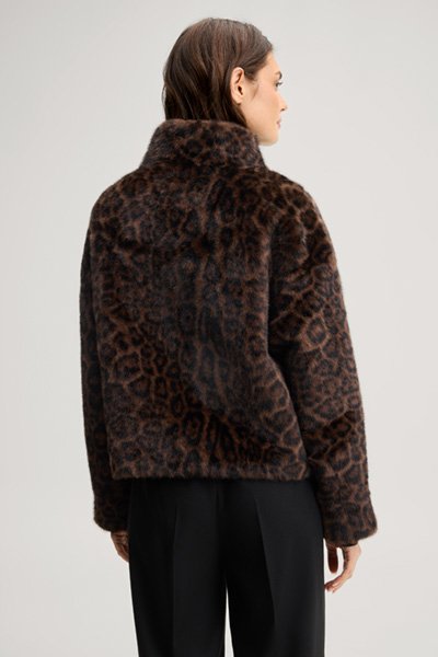 Leads to product detail page "Faux fur leopard-print jacket in dark brown and black pattern"