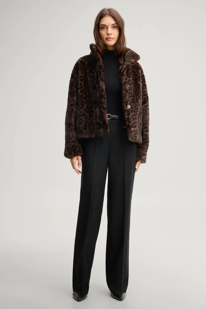 Leads to product detail page "Faux fur leopard-print jacket in dark brown and black pattern"