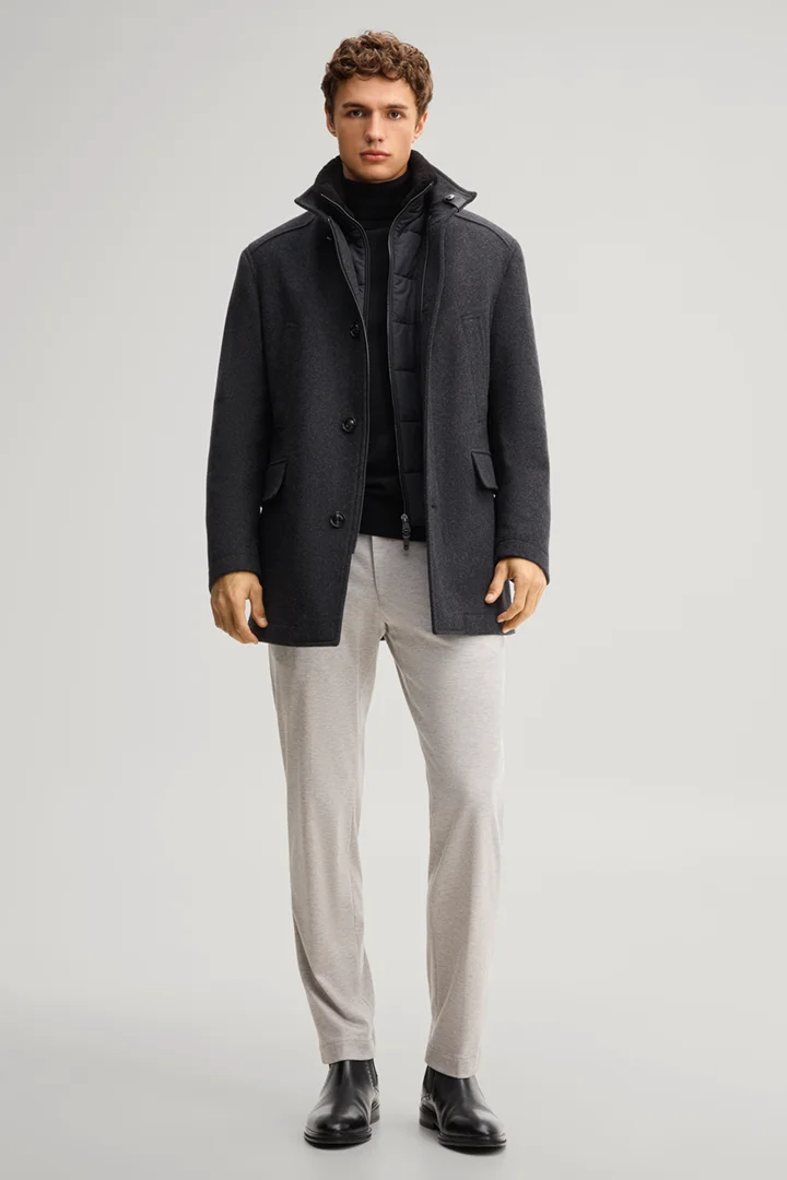 Leads to product detail page "Wool-blend jacket with an inlay in anthracite"