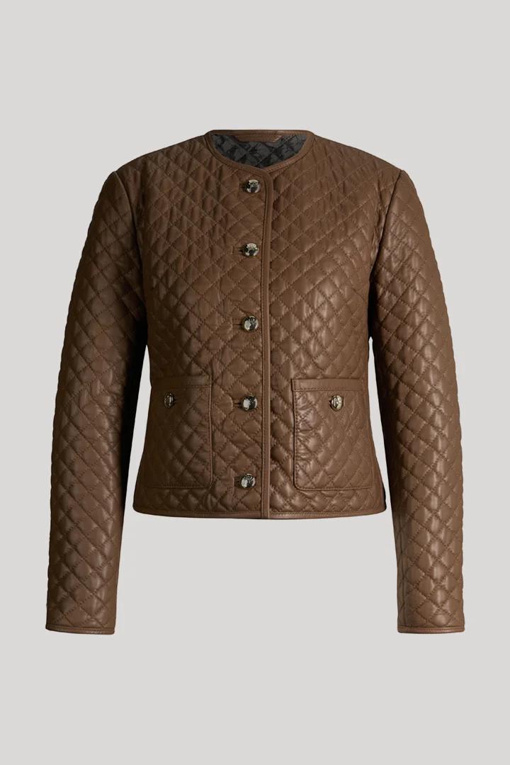 Leads to product detail page "Light brown quilted leather jacket"