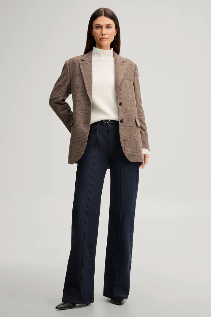 Leads to product detail page "Wool-blend boyfriend blazer in brown and purple checked pattern"
