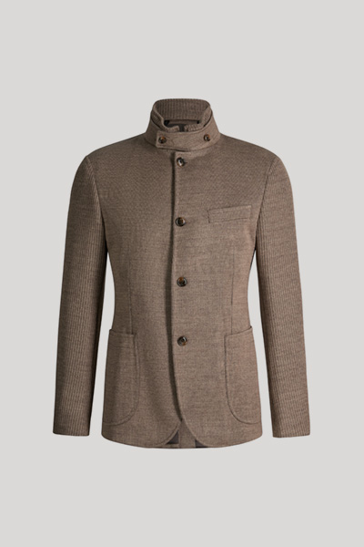 Leads to product detail page "Light brown suit jacket with a stand-up collar"