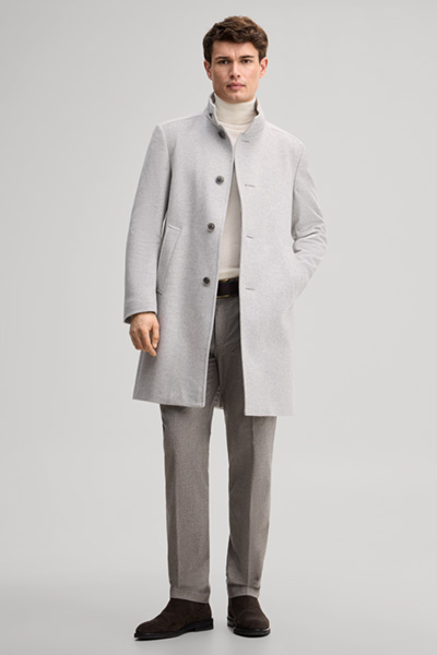 Leads to product detail page "Light grey wool-blend coat with a stand-up collar"