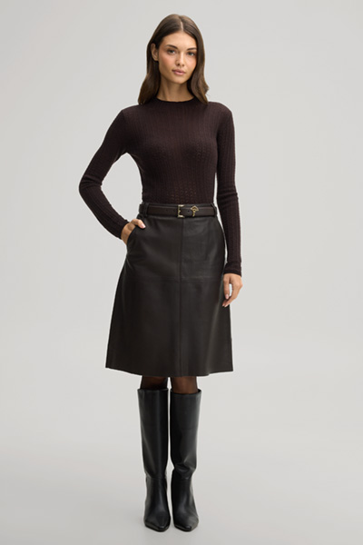 Leads to product detail page "Dark brown woollen jumper with a stand-up collar"