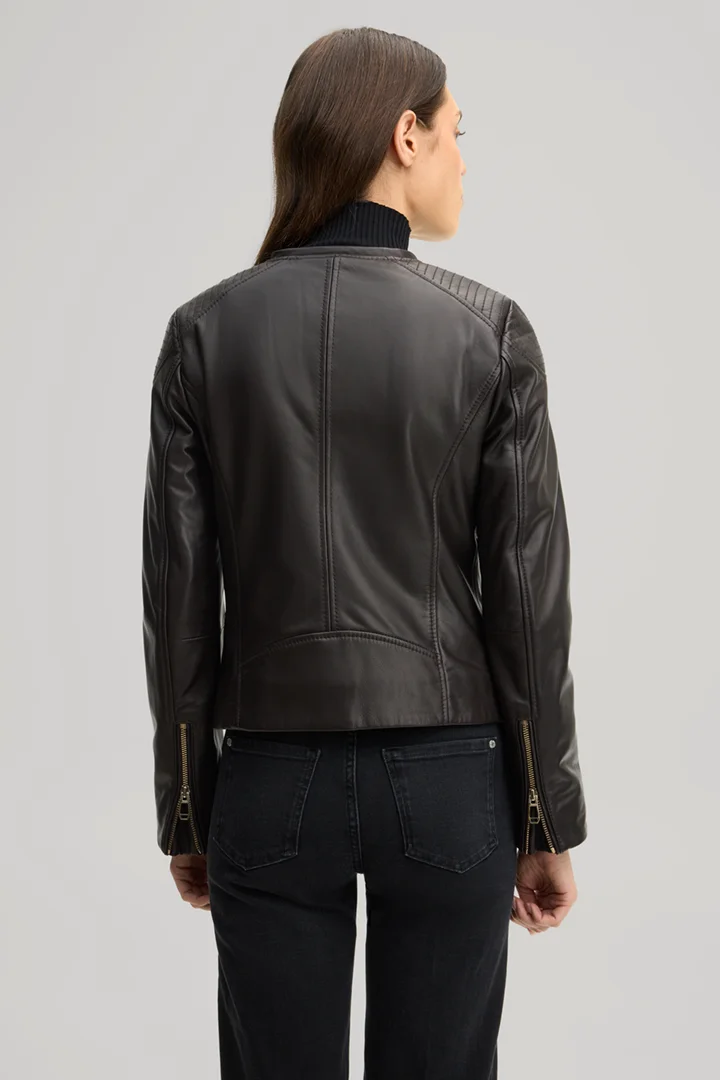 Leads to product detail page "Dark brown leather jacket"
