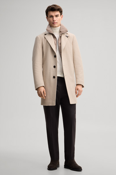 Leads to product detail page "Wool-blend coat with inlay in light beige"
