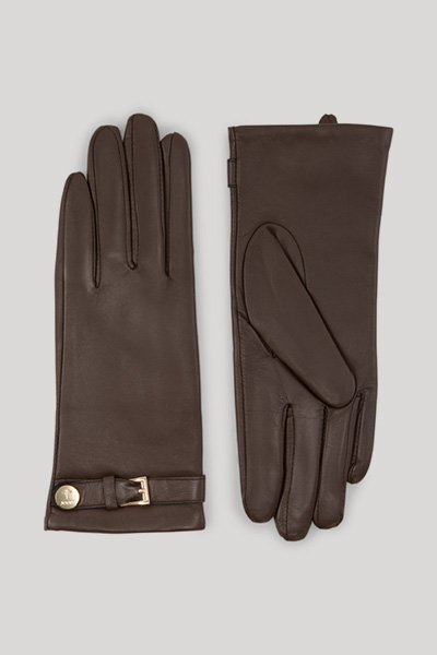 Leads to product detail page "Lined gloves made from dark brown lamb nappa leather"